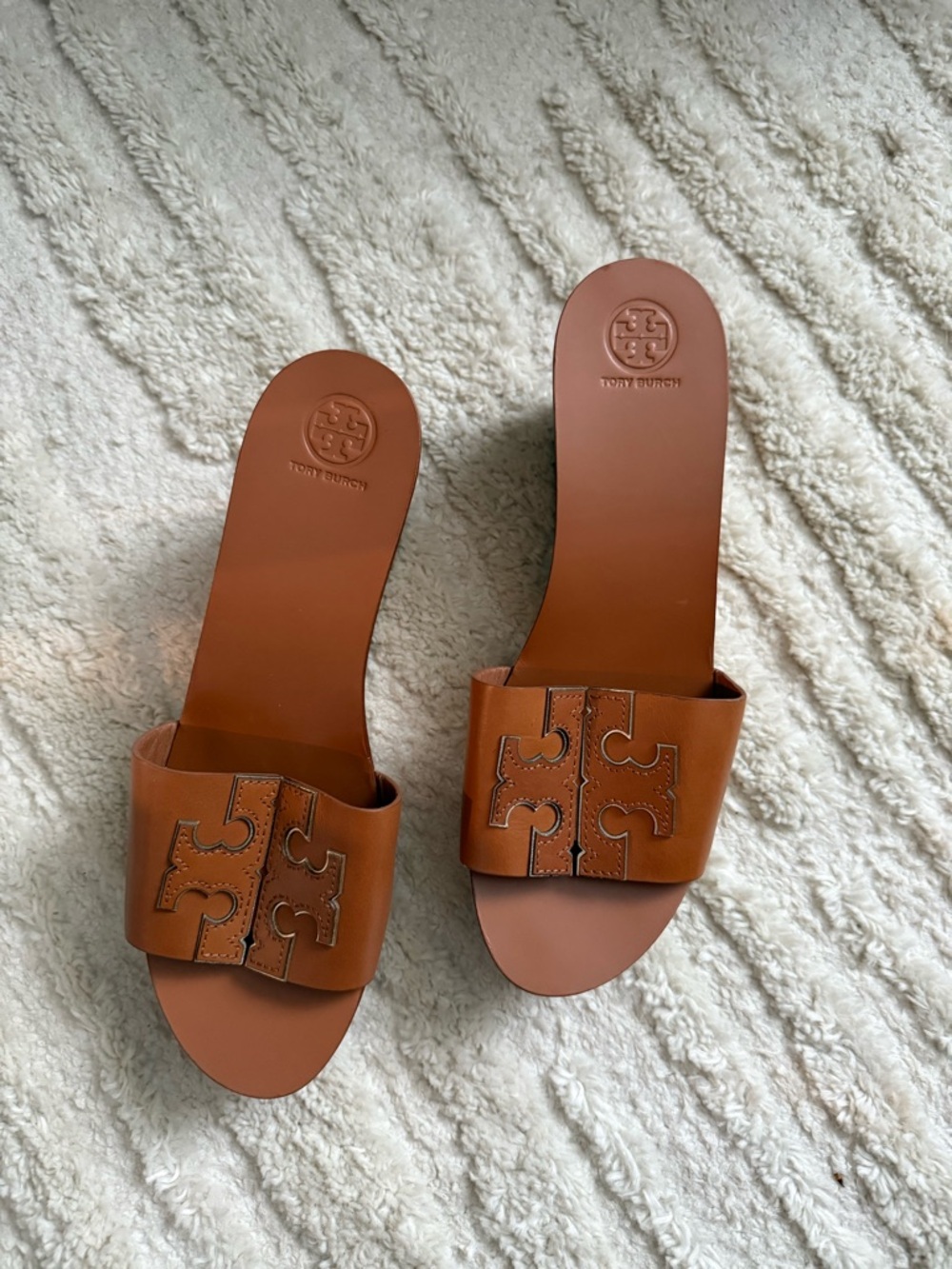 Tory Burch Tan Leather Logo Slide Sandals